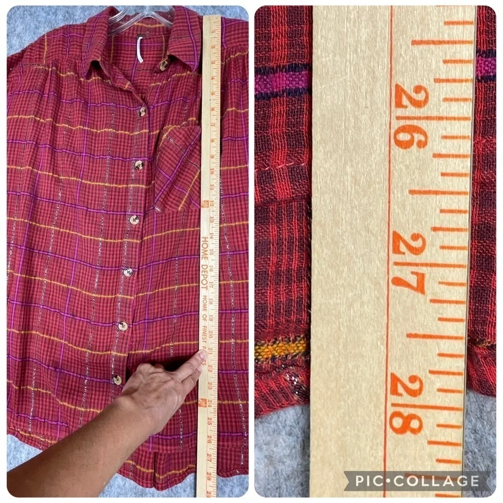 Free People Red Cherry Plaid Break My Stride Metallic Tunic Button-Up Shirt - XS